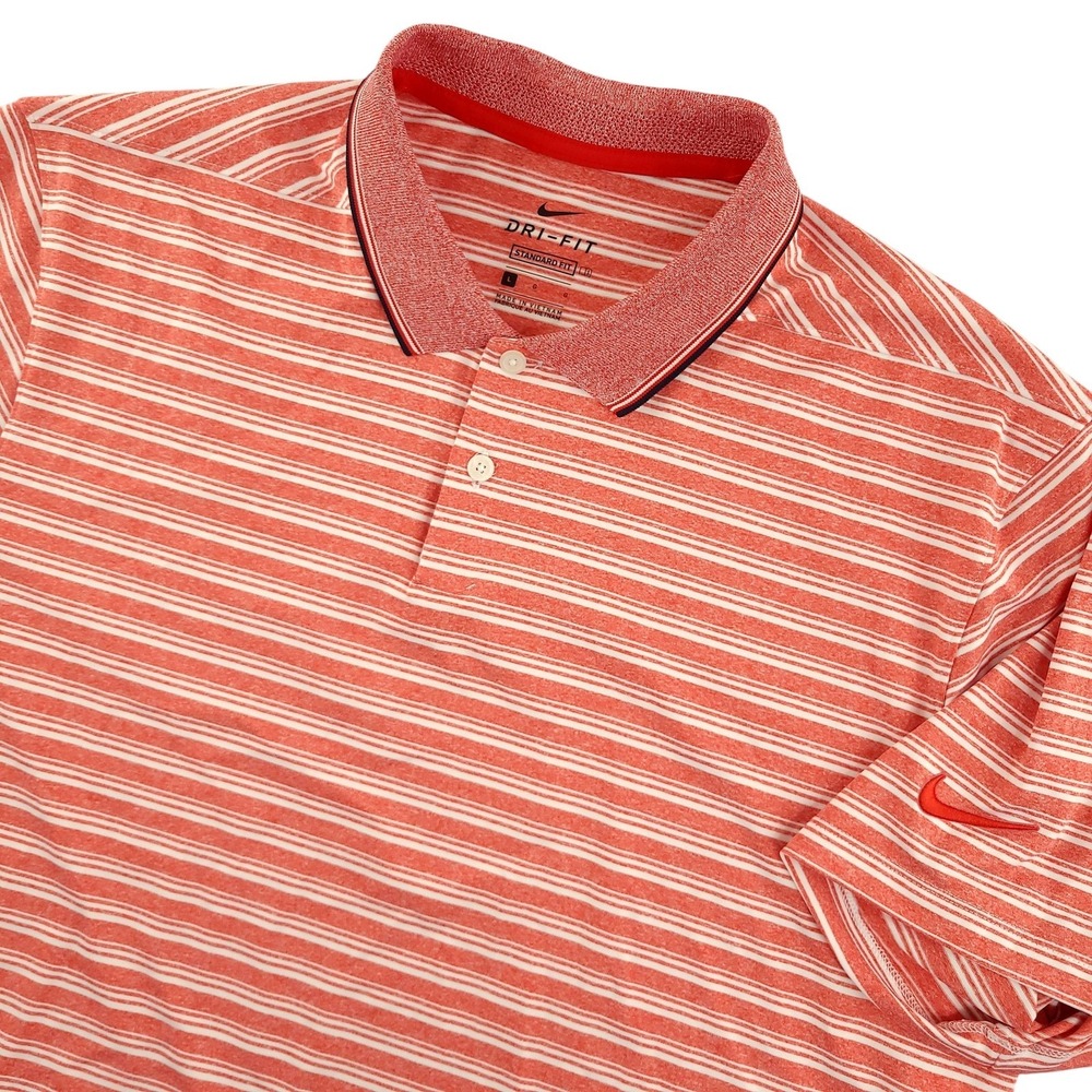 Nike Dri-FIT Polo‎ Shirt Mens L Red Stripe Golf Performance Stretch Logo Top